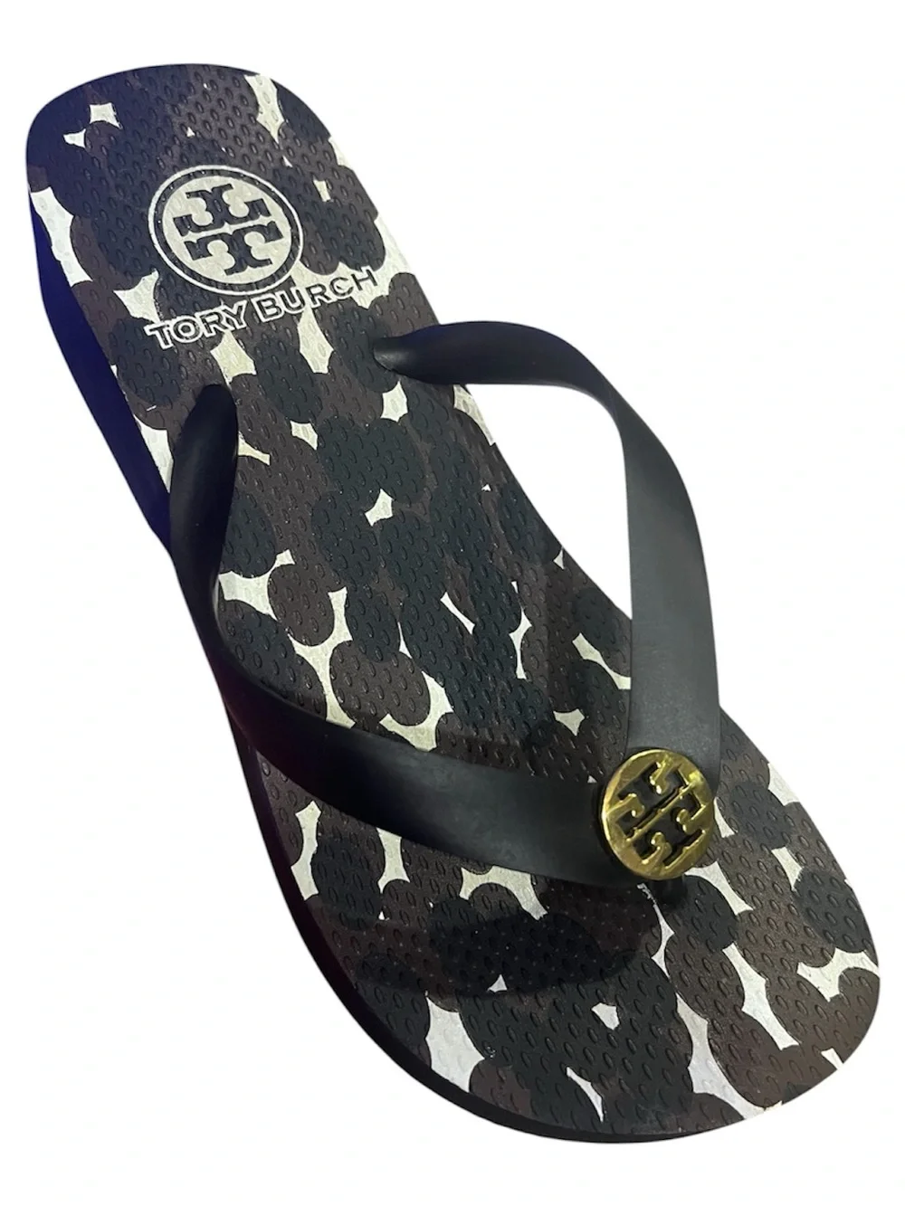 Tory Burch black and white bubble-print flip-flop sandal with a gold-ton size 5